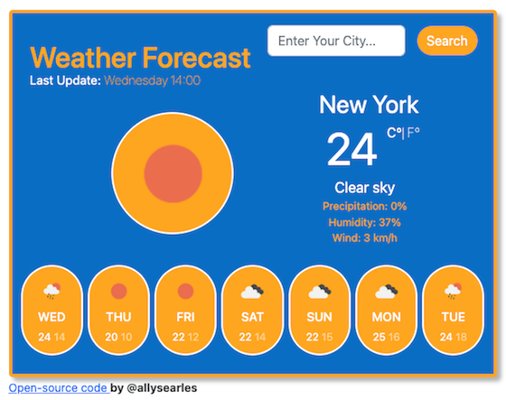 Image of my weather forecast application displaying the current weather conditions, temperature, and a five-day forecast.